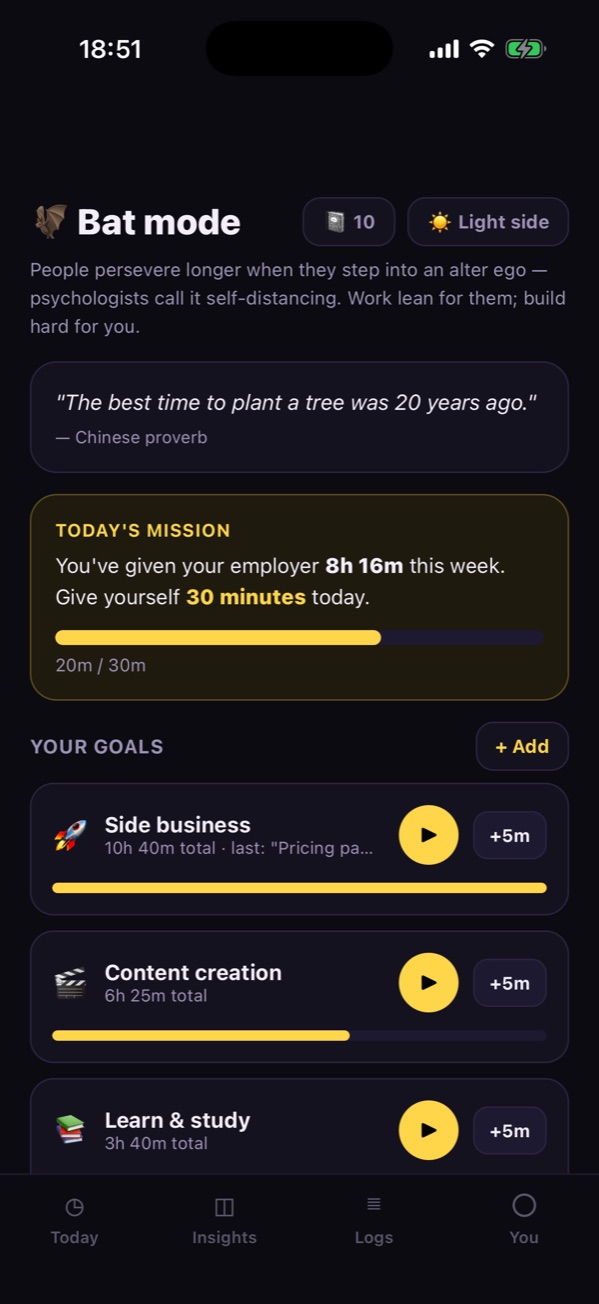 Bat mode: today's mission says you've given your employer 8h 16m this week, so give yourself 30 minutes, with a list of personal goals