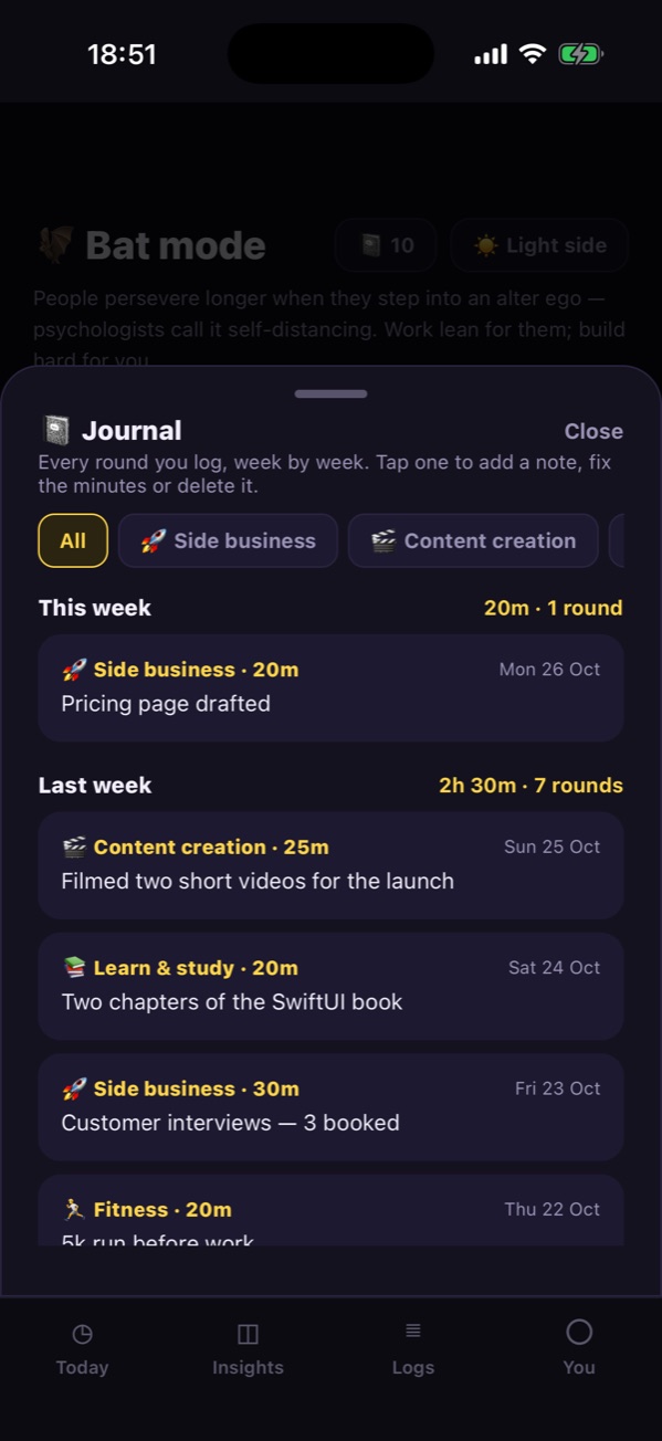 The Bat mode journal: rounds grouped by week, each with its goal, minutes and a short note