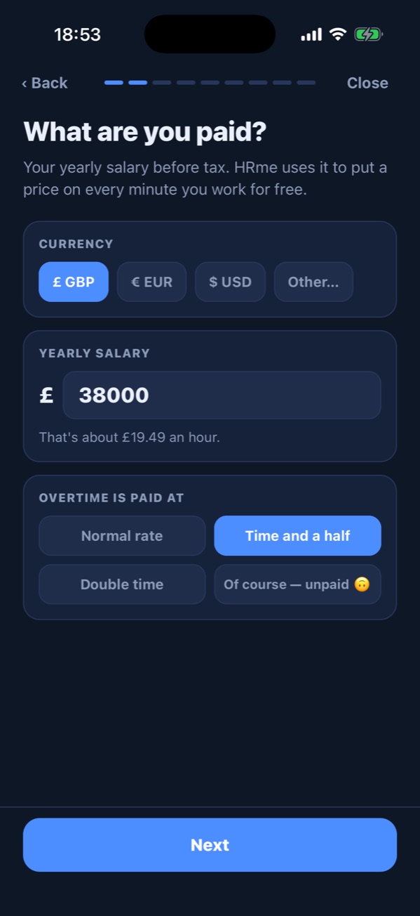 Setup: currency, yearly salary and how overtime is paid, including the option 'Of course — unpaid'