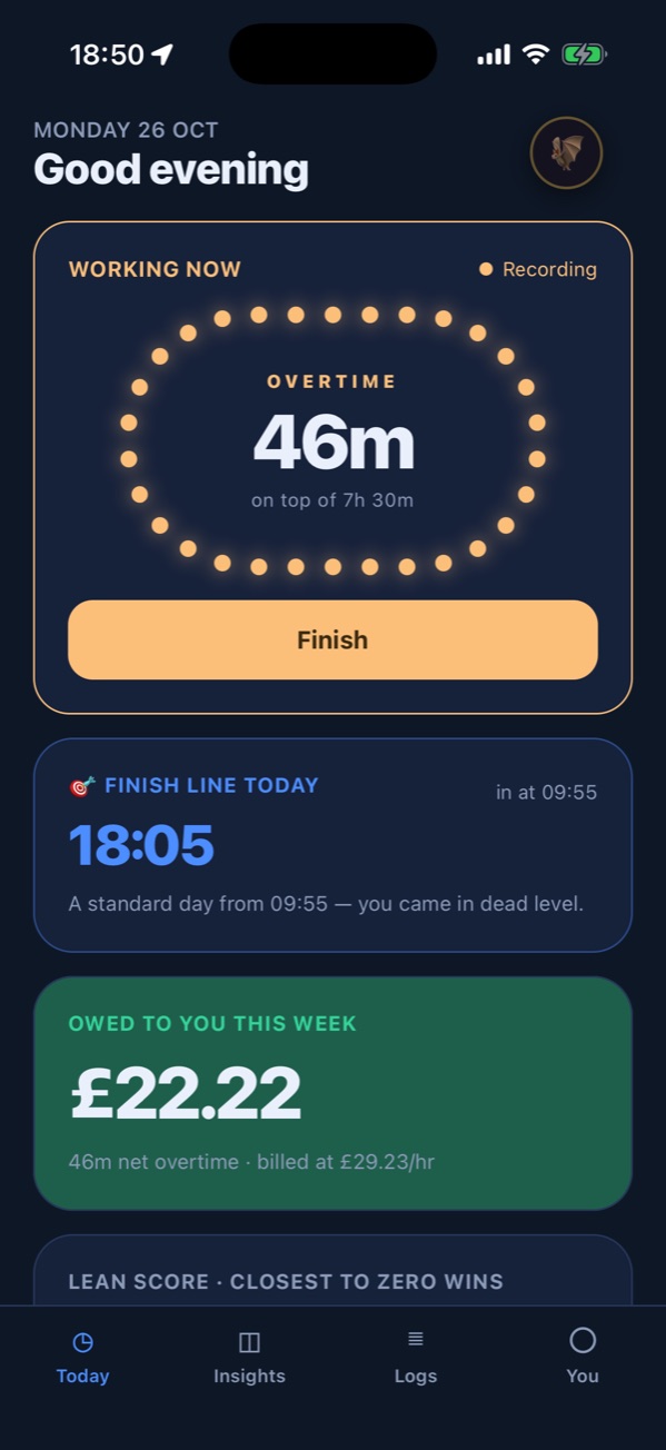 HRme's Today screen on an iPhone: working now, 46 minutes of overtime on top of a 7h 30m day, a finish line of 18:05, and £22.22 owed to you this week